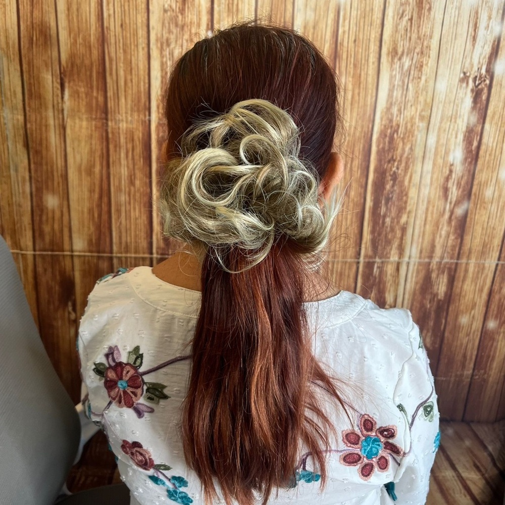 Curly Messy Hair Bun Scrunchie Ash Blonde Mix Synthetic Updo Extension